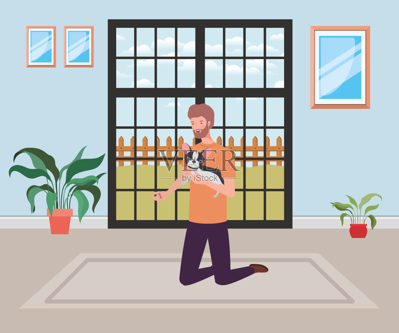 房间里有个可爱的狗吉祥物插画图片素材