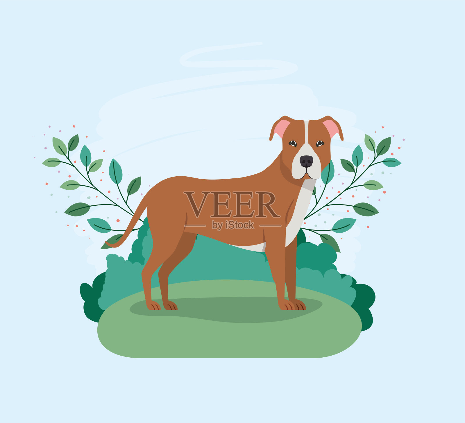 可爱的斗牛犬在营地的宠物角色插画图片素材