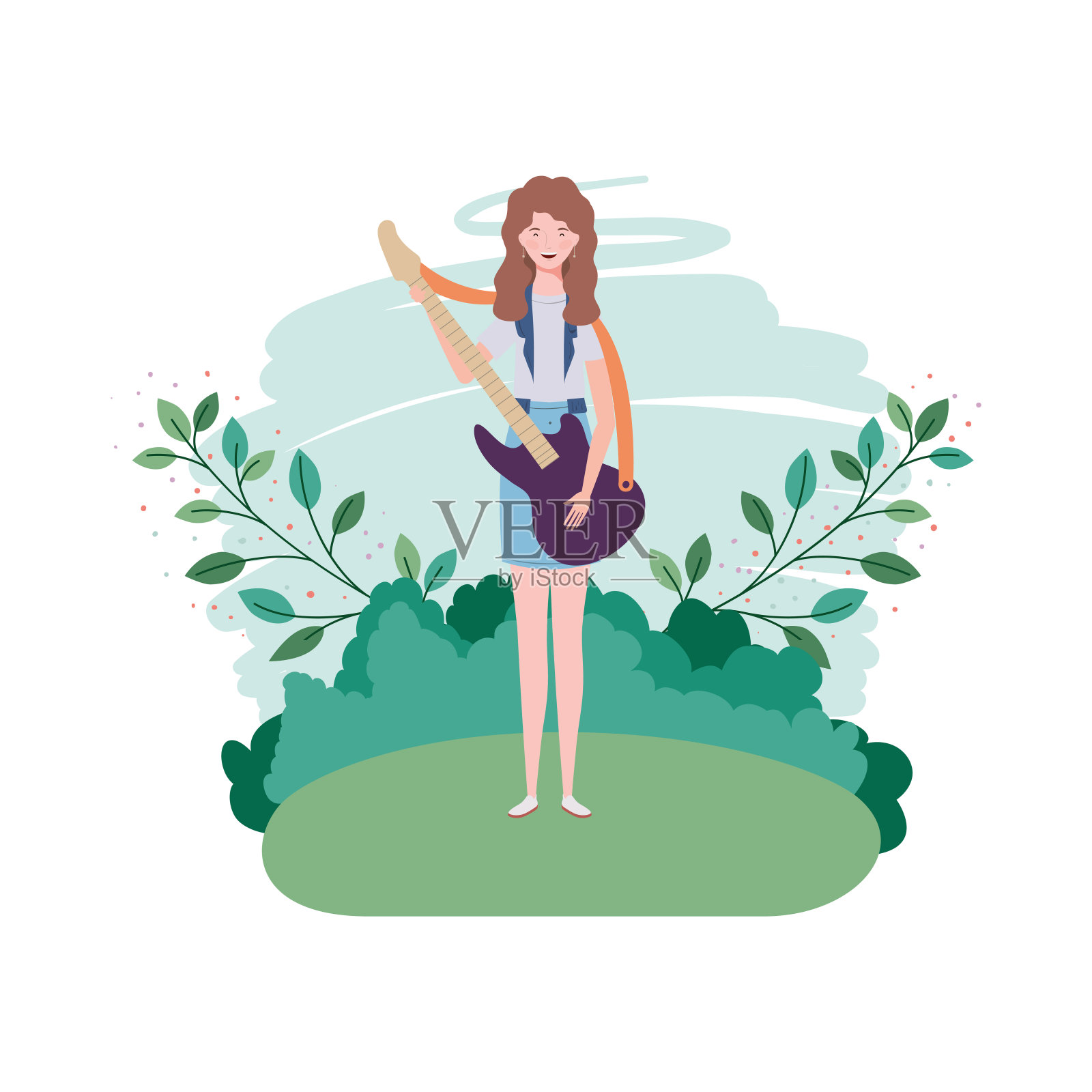 女人带着电吉他，背景是树枝和树叶插画图片素材
