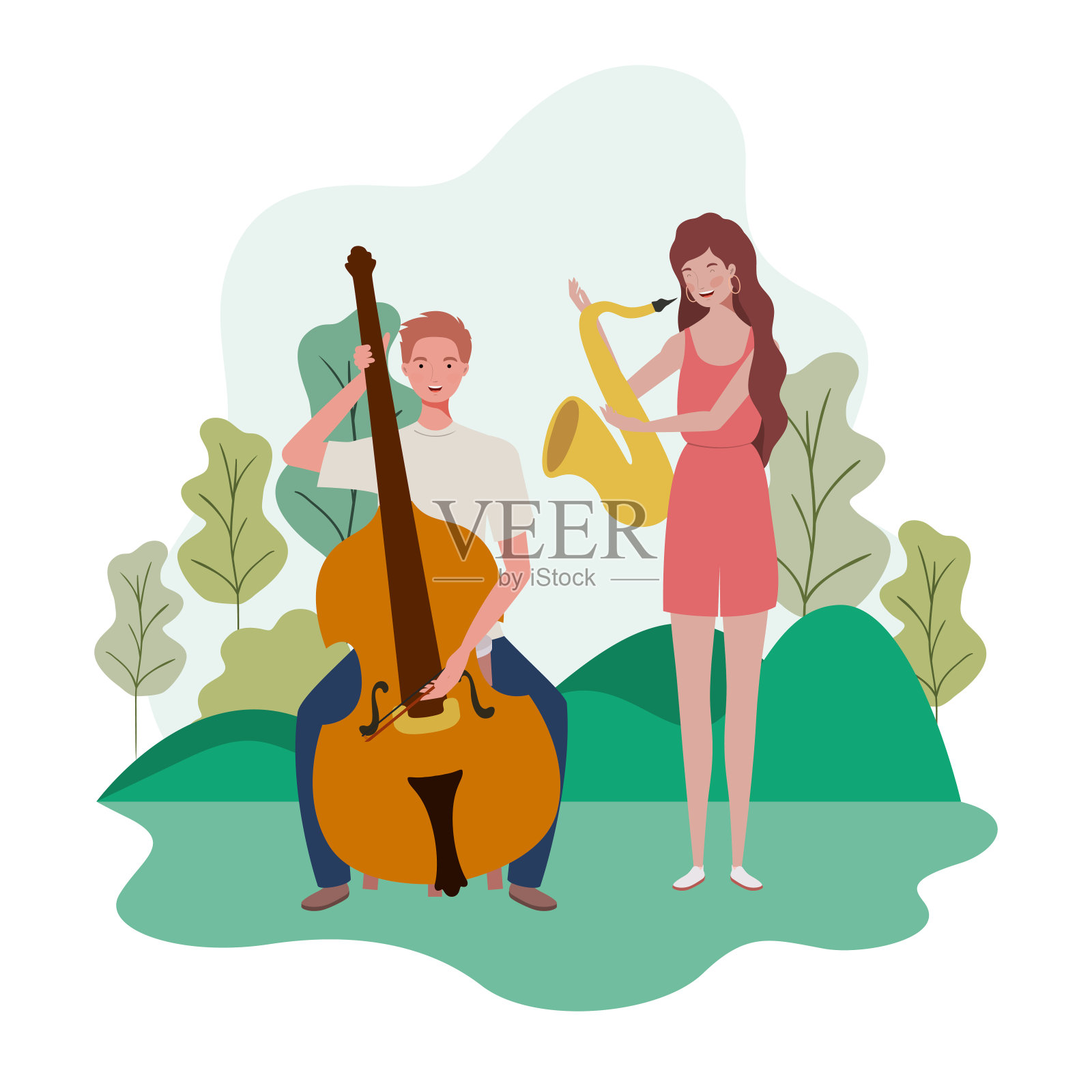 几个人带着乐器和背景景观插画图片素材