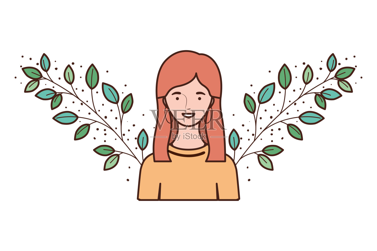 年轻女子以树枝和树叶为背景插画图片素材