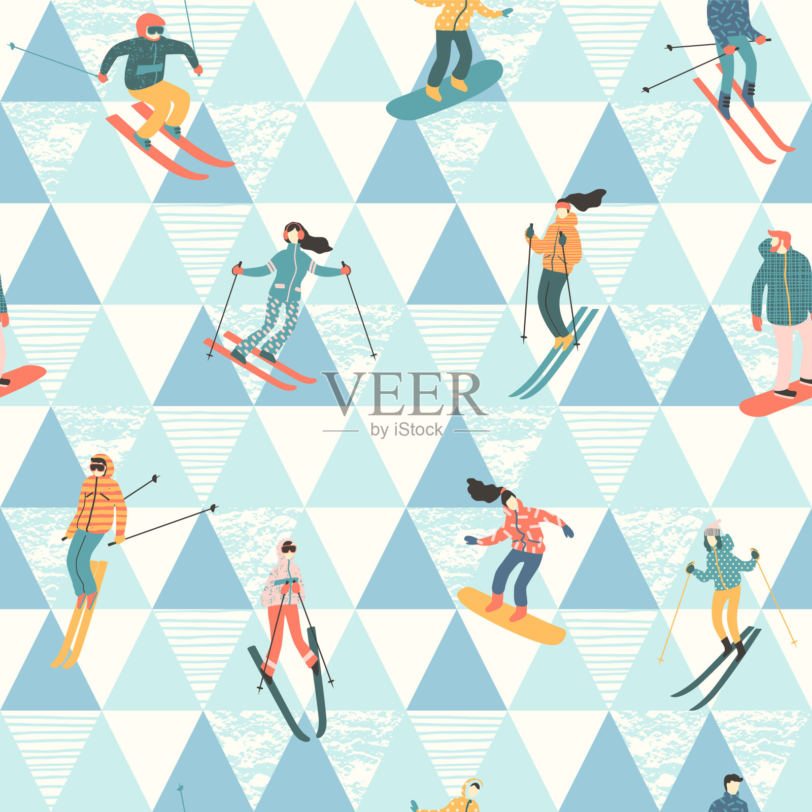 矢量插图的滑雪者和滑雪板。无缝模式。插画图片素材