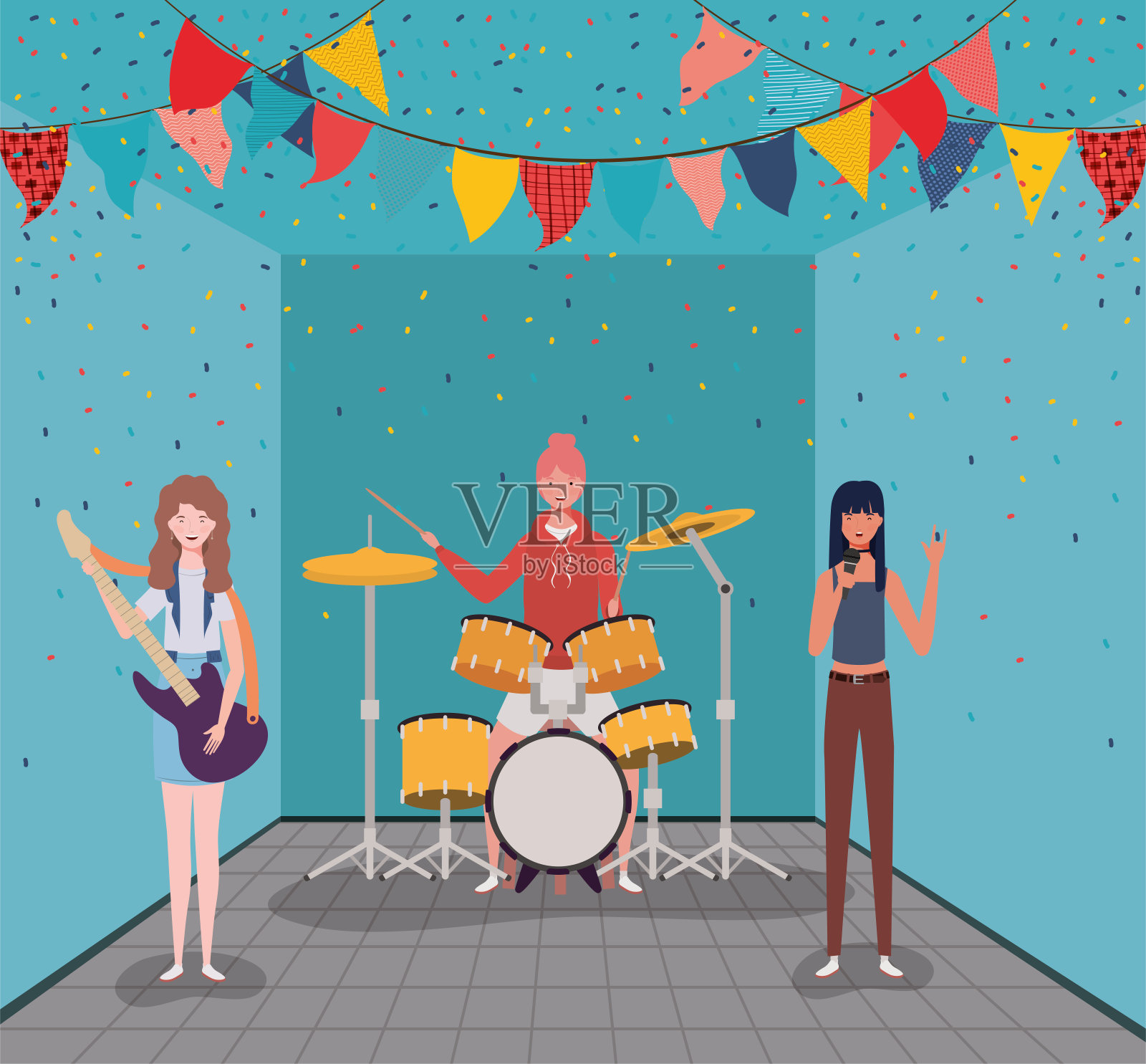 一群弹奏乐器的女性角色插画图片素材