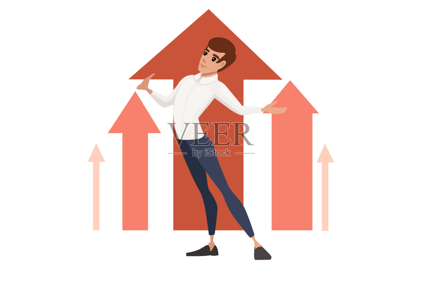 男人穿着西装与高举的手卡通人物设计平面矢量插图在白色的背景插画图片素材