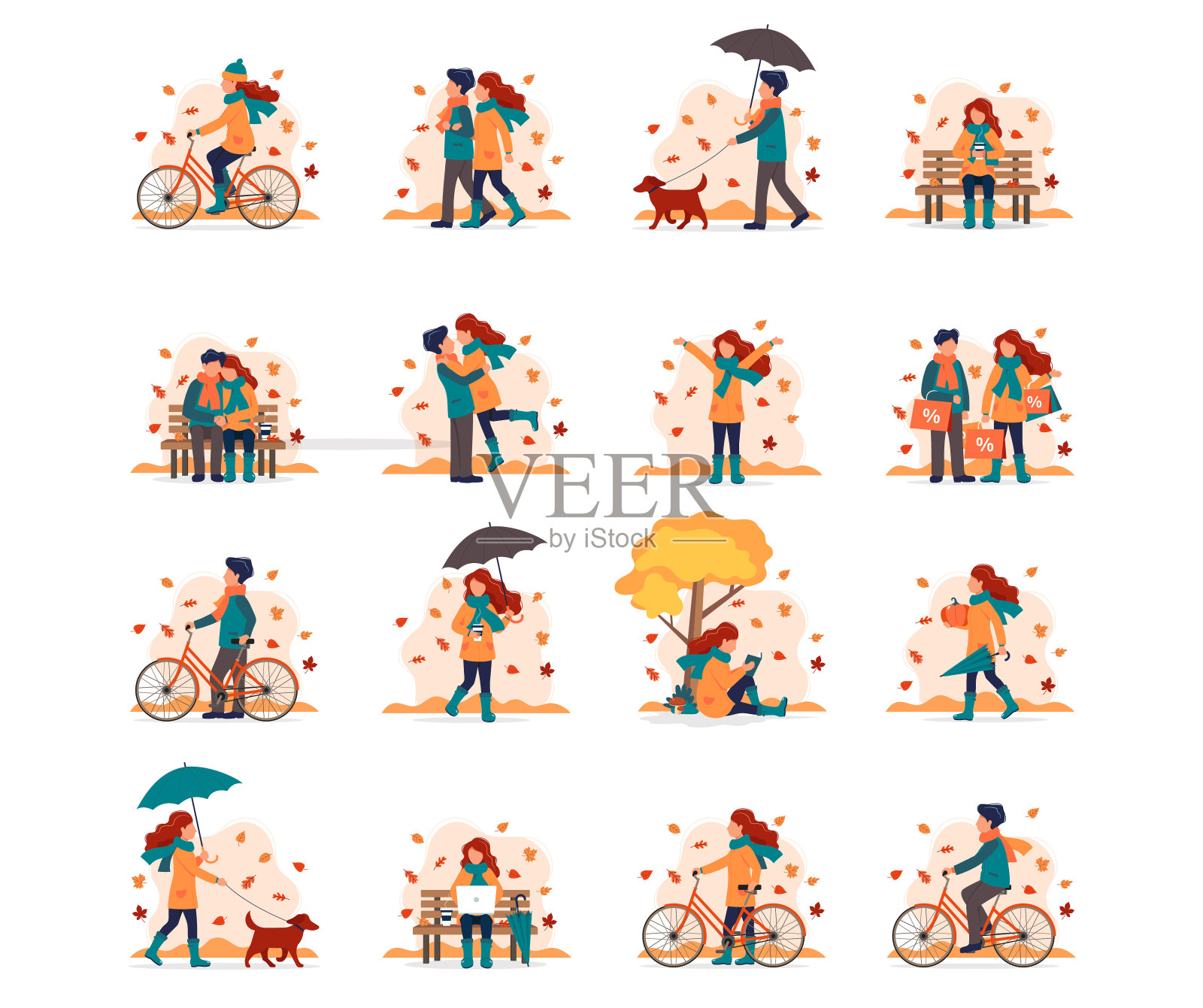 人们在秋天做不同的户外活动。矢量插图设置在平面风格插画图片素材