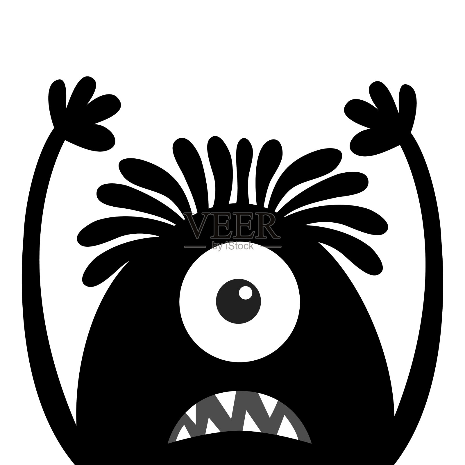 怪物头黑色的剪影.一只眼睛,头发,牙齿,舌头,举起手.万圣节快乐