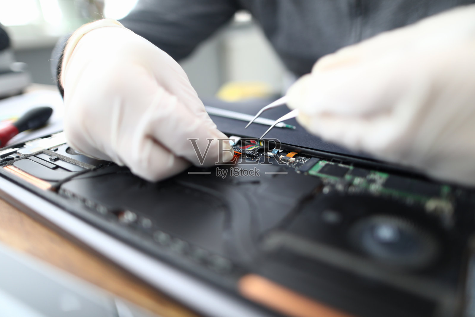 戴着白色防护手套的男性双手拿着镊子照片摄影图片