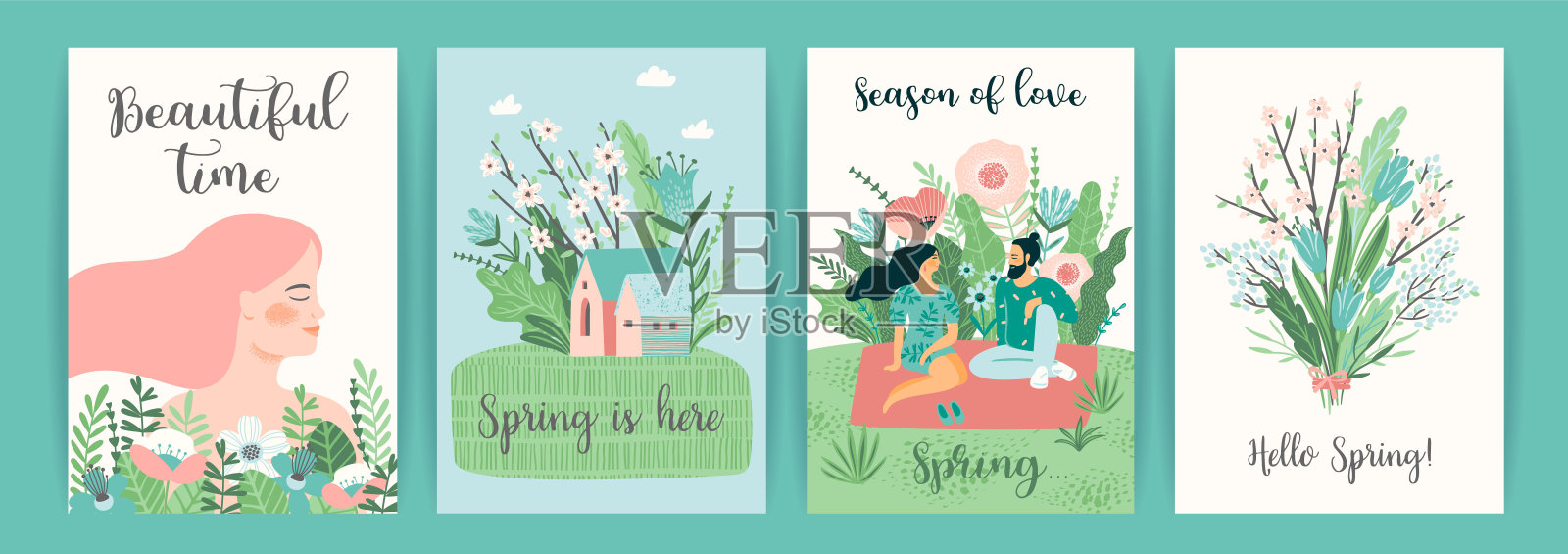 一套可爱的插图与人和春天的自然。插画图片素材