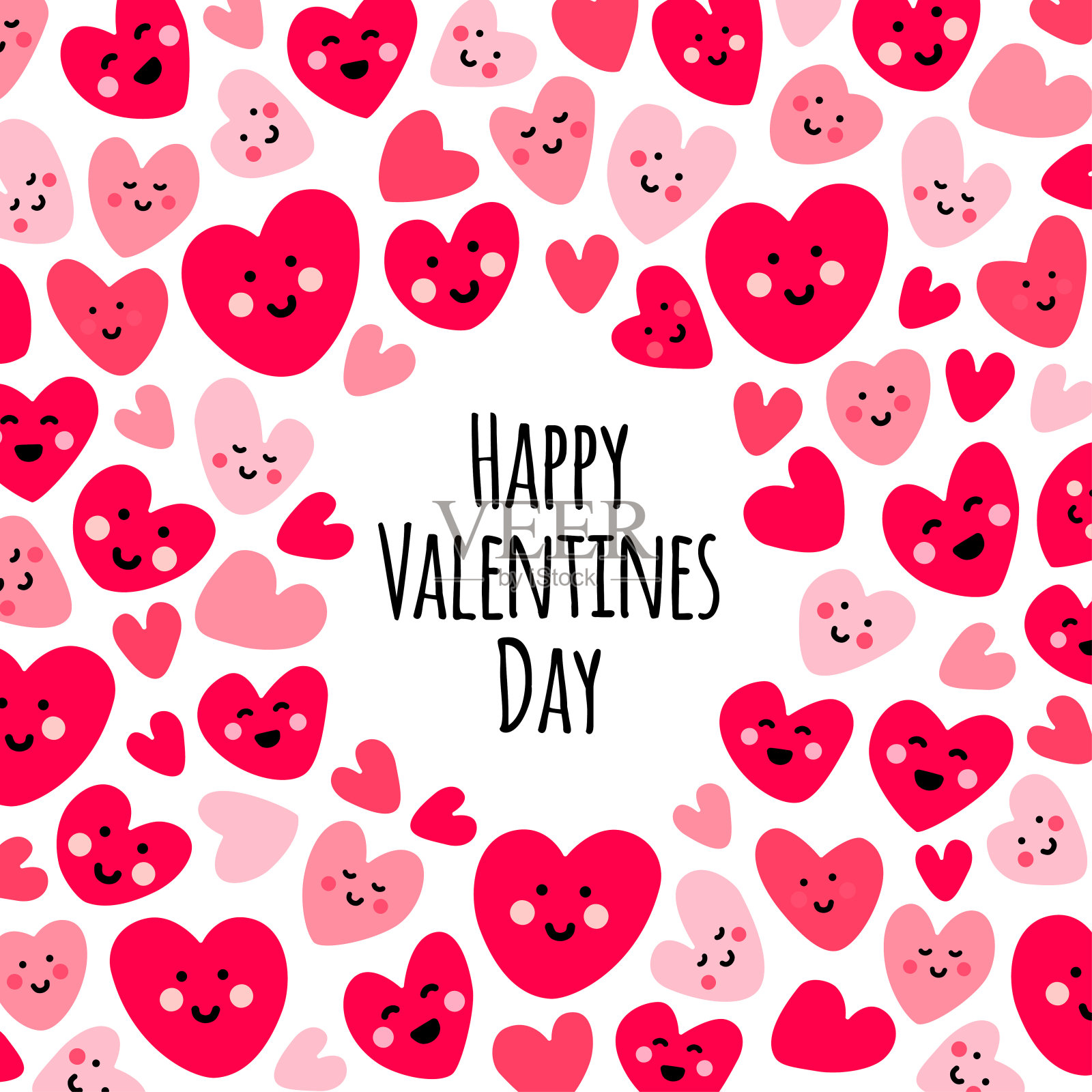 可爱幼稚的背景与有趣的卡哇伊卡通人物的心插画图片素材