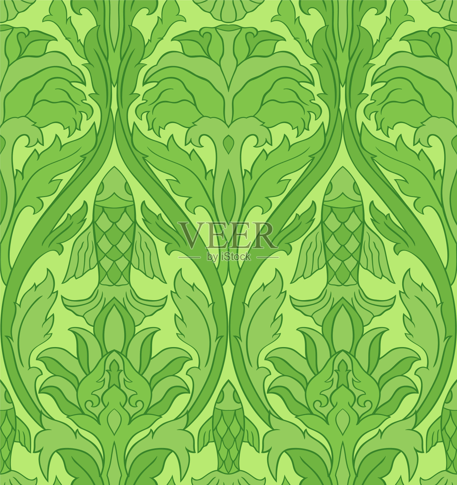 绿色花卉图案与鱼。插画图片素材