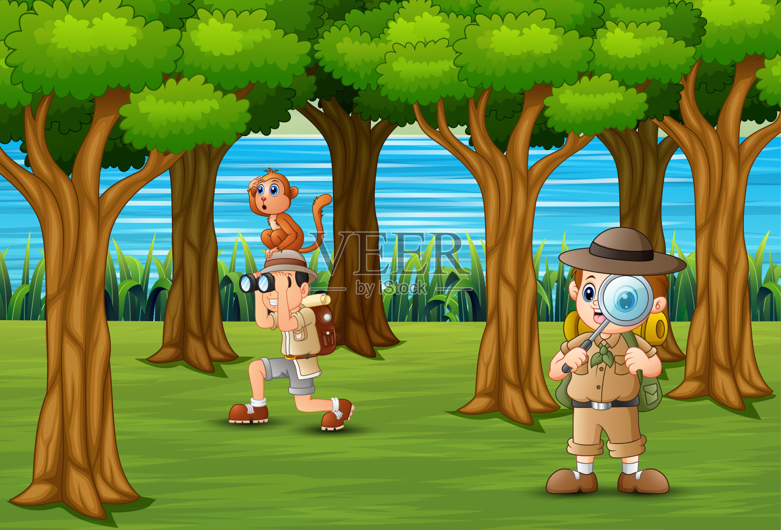 童子军们在森林里探险插画图片素材