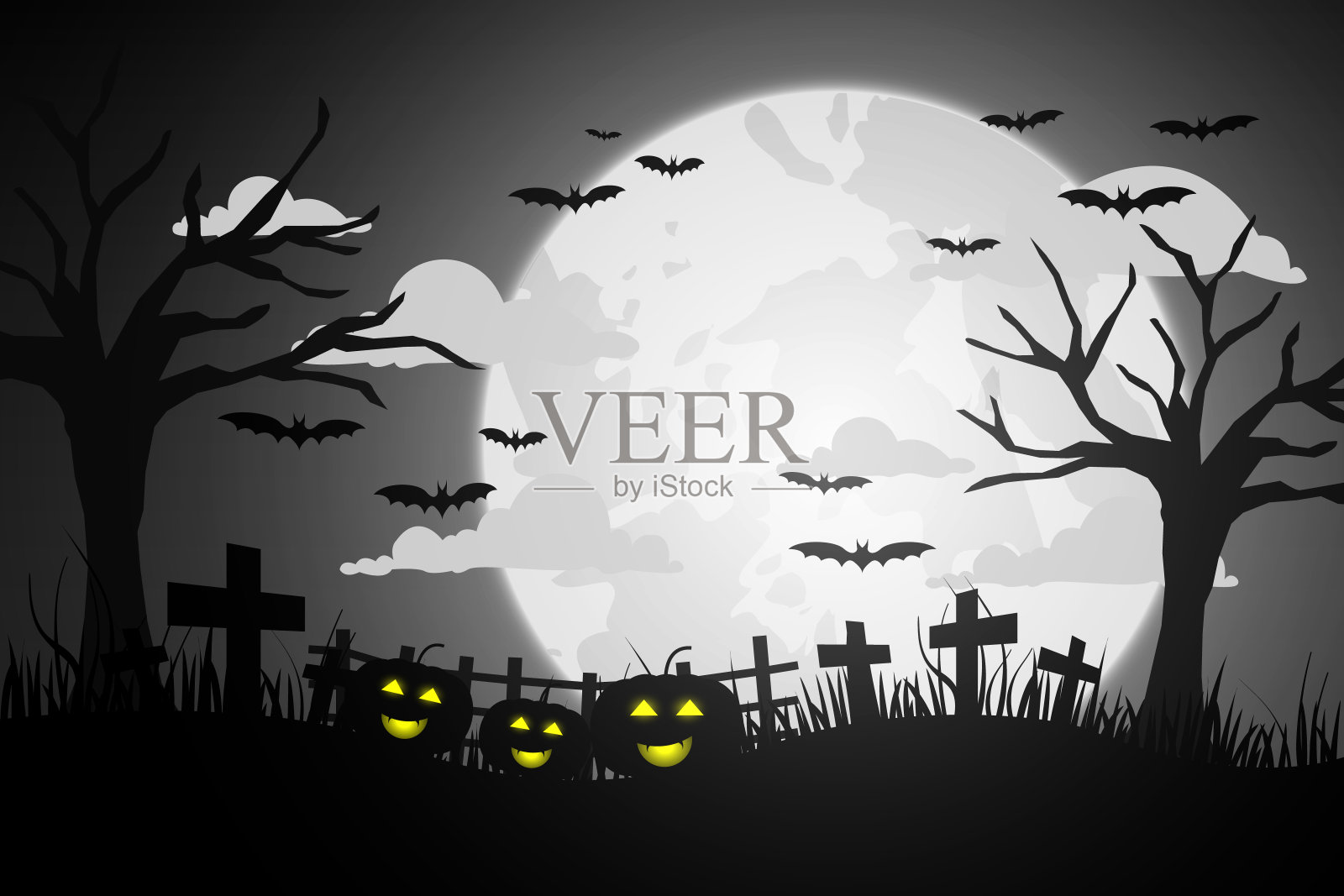 万圣节夜晚的背景与南瓜，矢量插图。插画图片素材