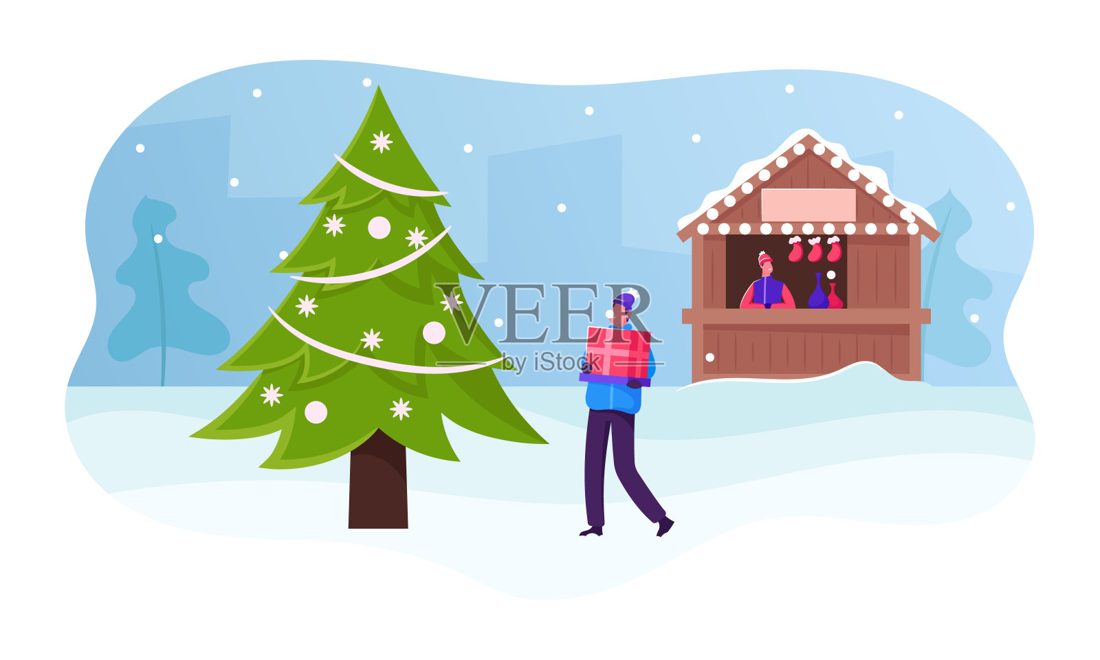 圣诞节销售。快乐的人拿着礼盒经过木制摊位和冷杉树与圣诞装饰。男性角色购买节日节日礼物。卡通平面矢量插图插画图片素材