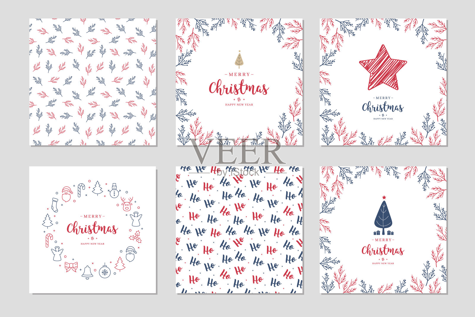 圣诞广场冬季贺卡集新树，礼品盒，驯鹿，装饰品。设计模板素材