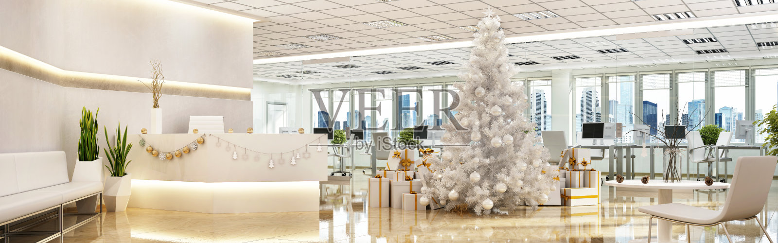 圣诞树在办公室内部照片摄影图片