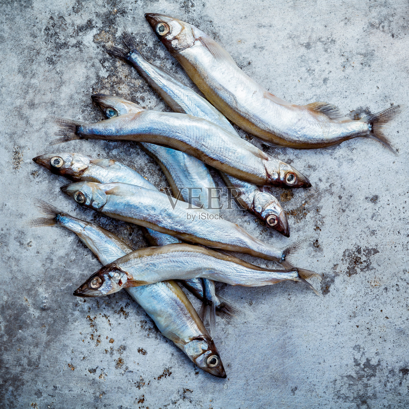 鲜捕西洋鱼满蛋。清水鱼是日本烹饪天妇罗的常用鱼类。新鲜的水产品摊位吸引着买家。照片摄影图片