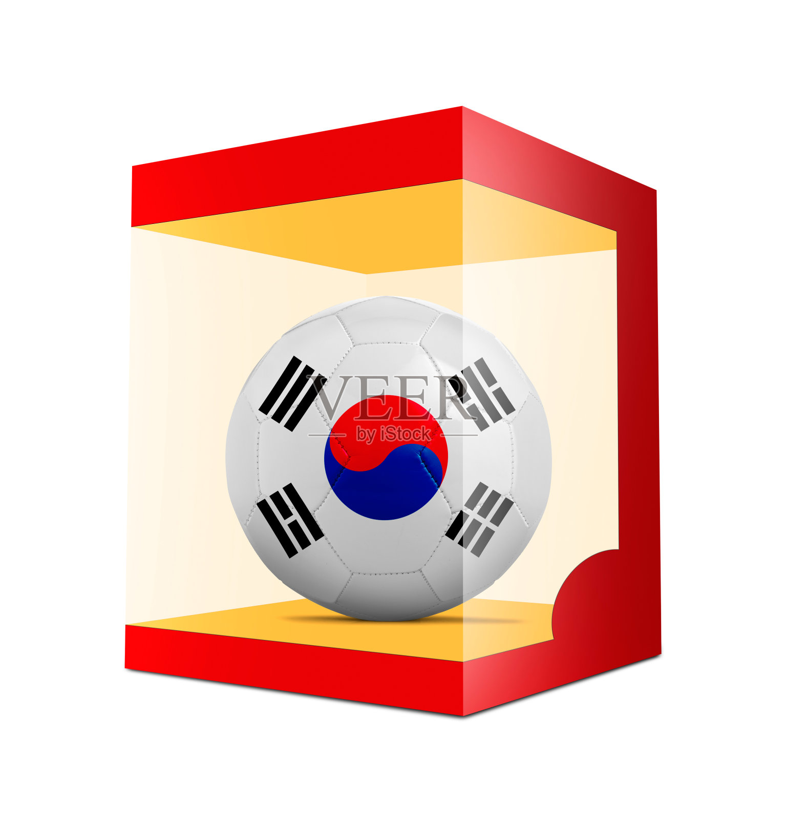 透明盒子装的带有队旗的足球照片摄影图片