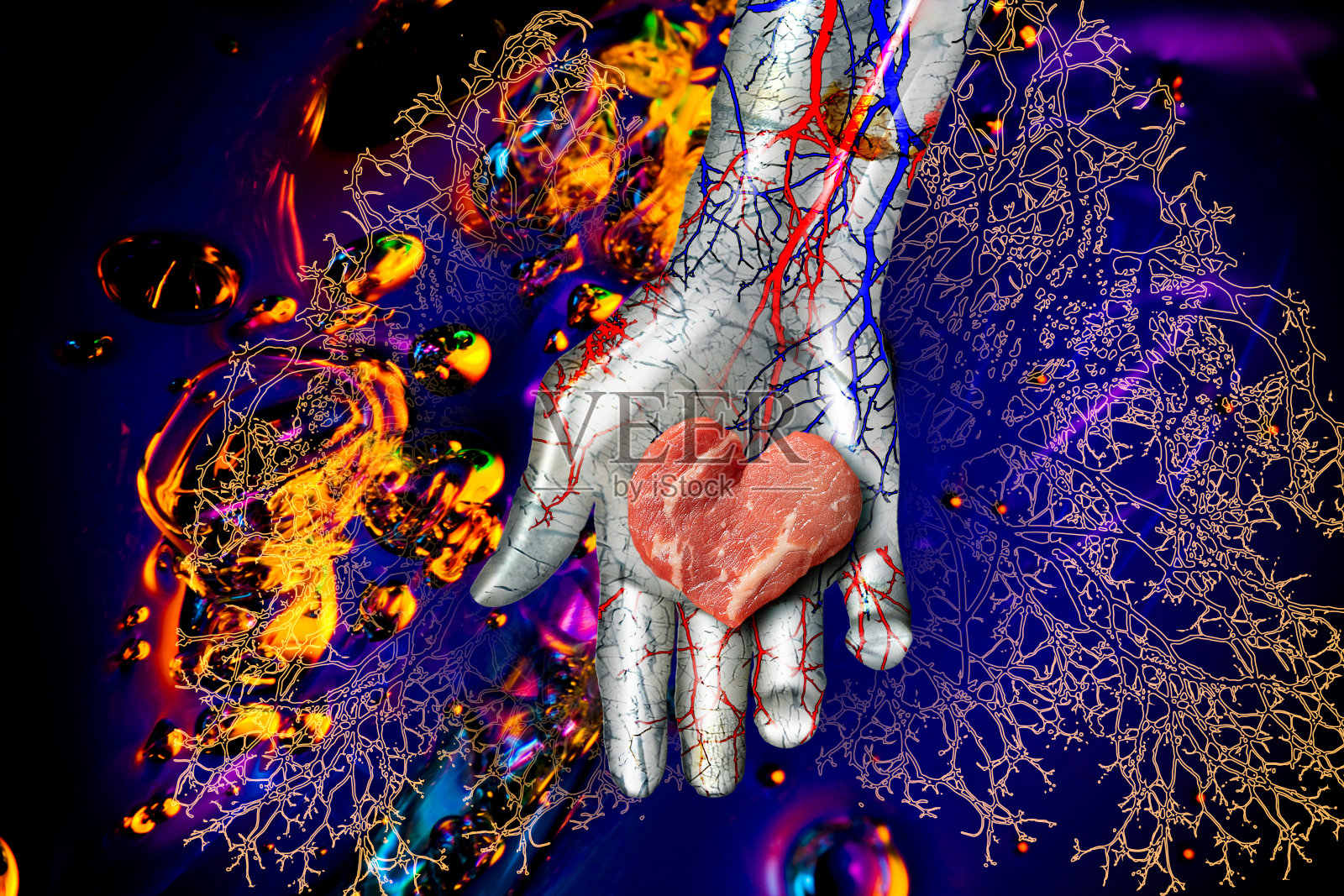 心形的人造肉被放置在金属机器人的手掌上。背景，血管图像和彩色细胞照片摄影图片