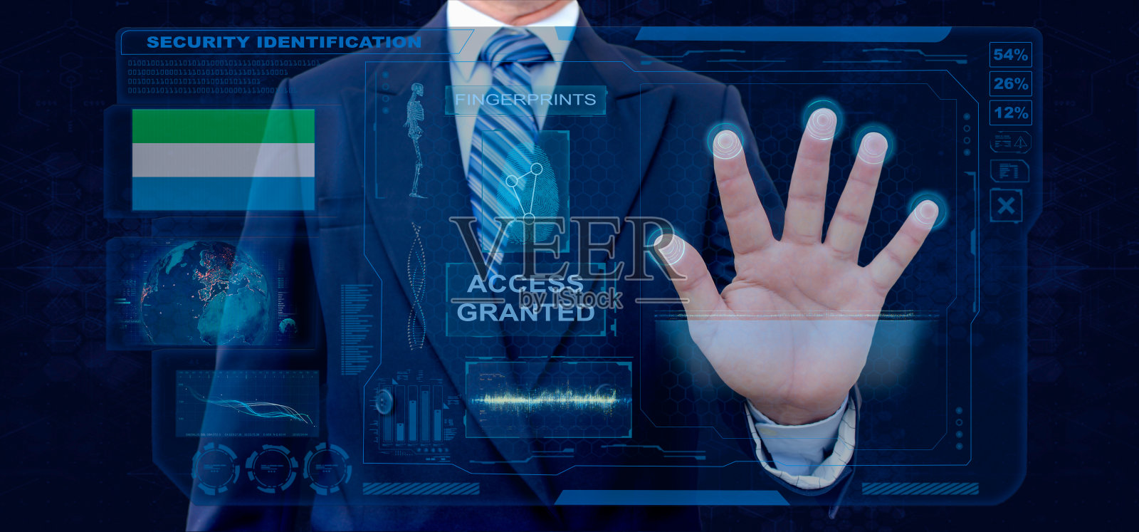 指纹生物扫描识别系统。商人扫描指纹生物识别身份并批准。塞拉利昂国籍照片摄影图片