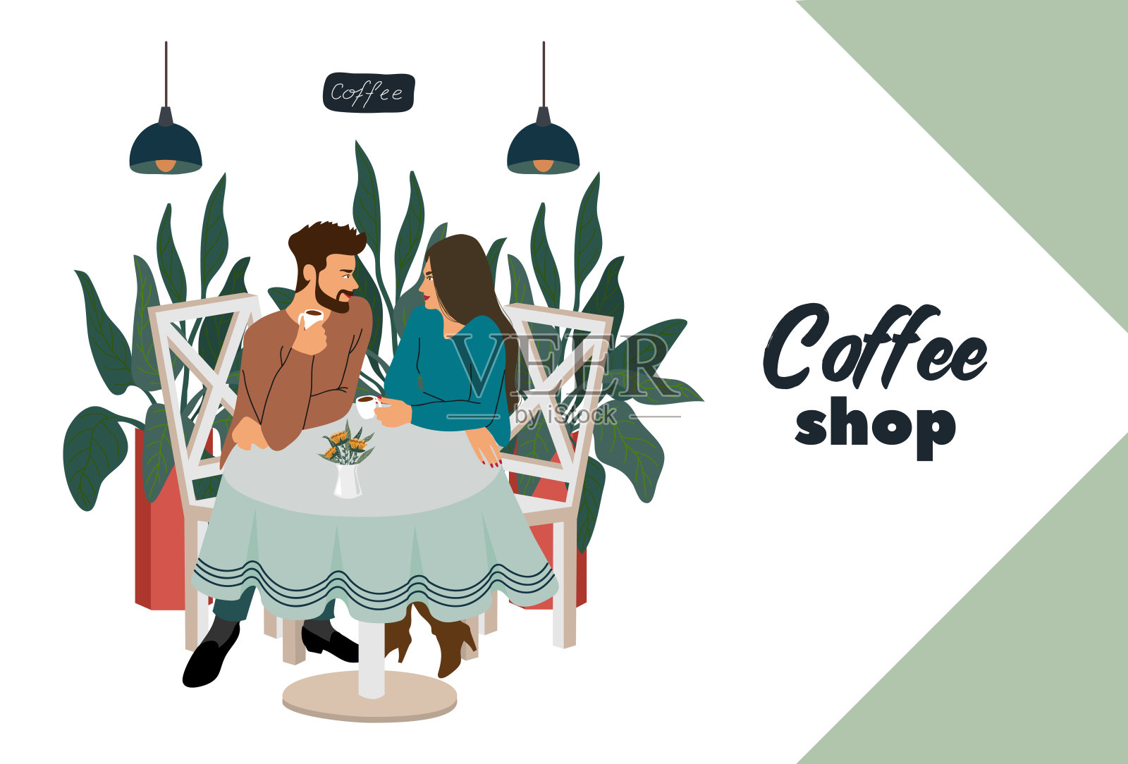 咖啡店里有客人，年轻夫妇坐在桌边。现代平面矢量概念插图为小企业插画图片素材