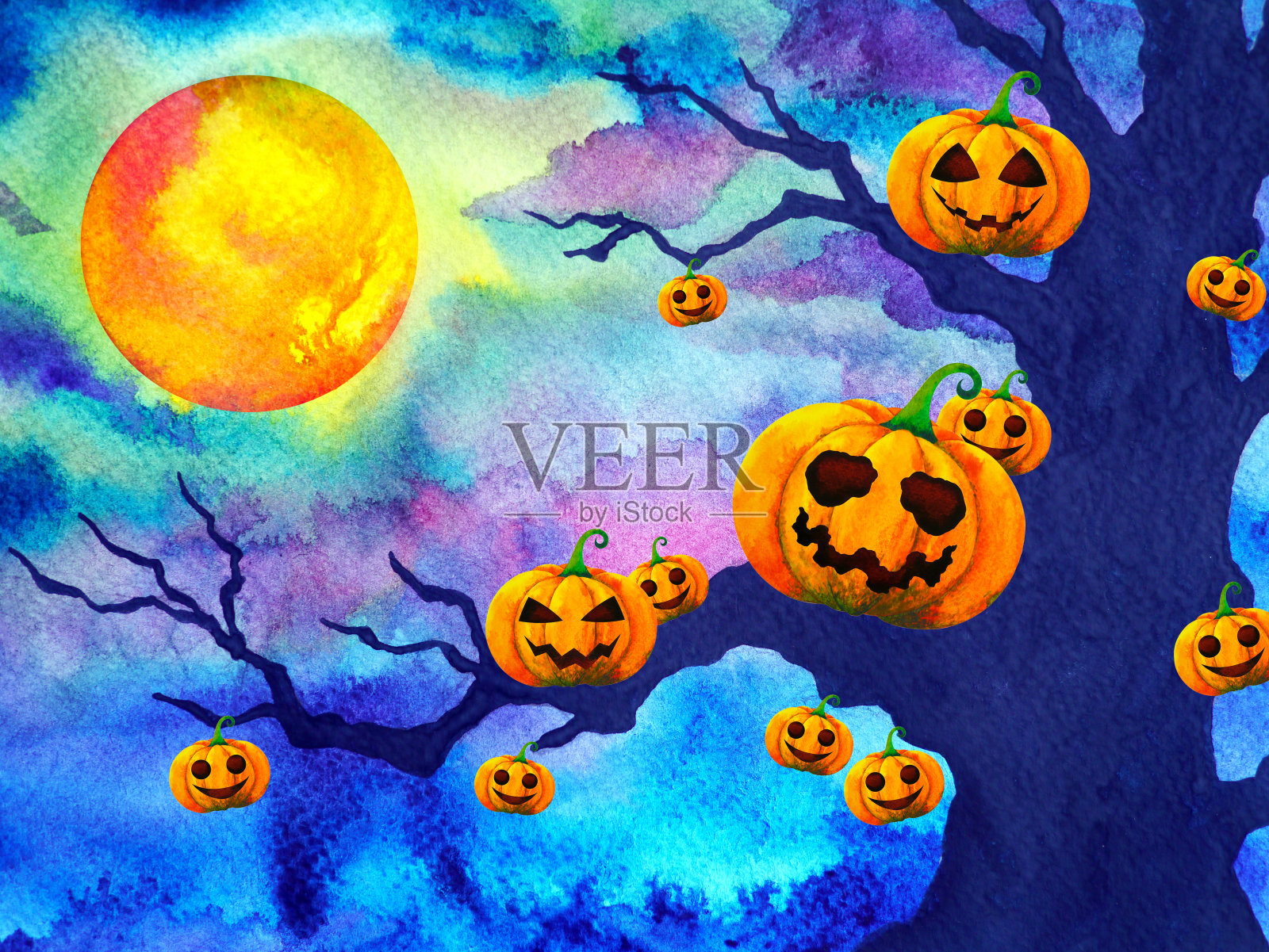 南瓜万圣节之夜背景满月水彩画插画设计手绘设计模板素材