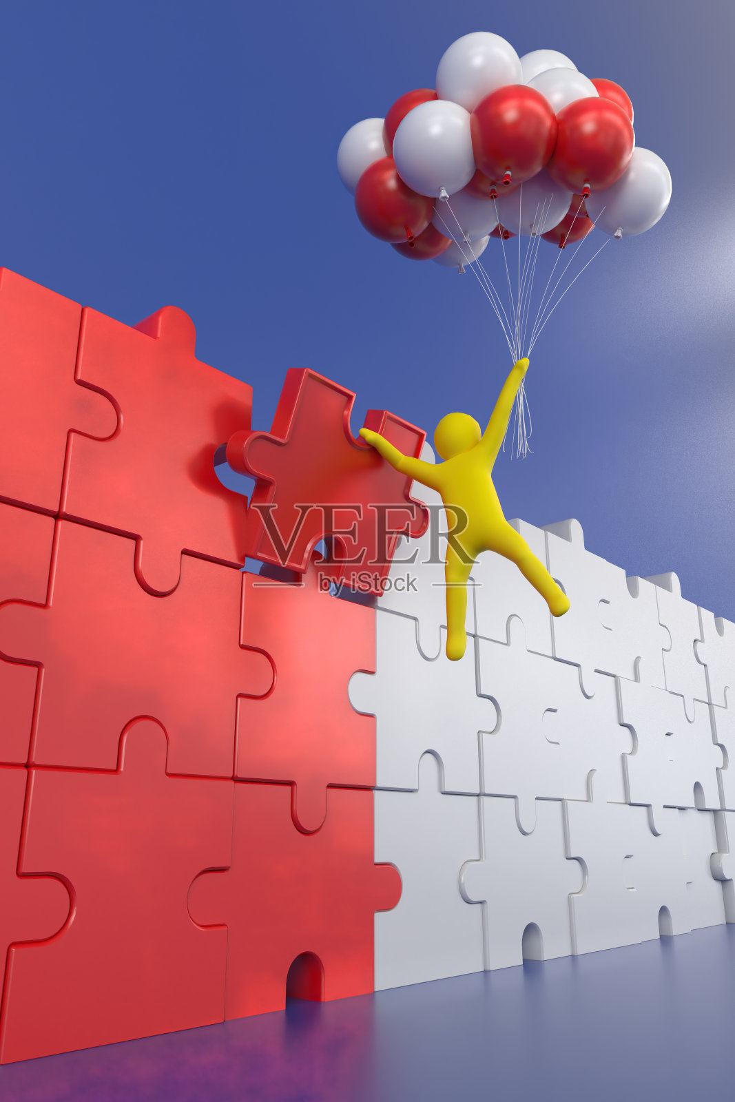 角色穿着拼图的最后一块来完成任务。包括地板和背景的选择路径。照片摄影图片