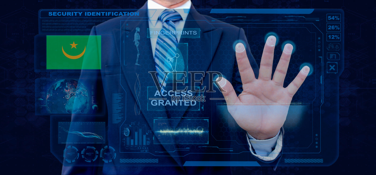 指纹生物扫描识别系统。商人扫描指纹生物识别身份并批准。毛里塔尼亚国籍照片摄影图片