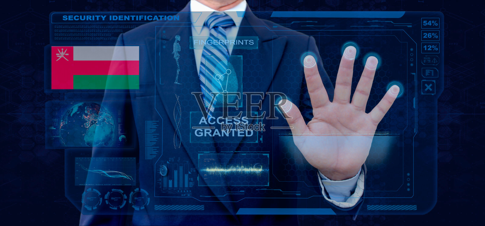 指纹生物识别扫描系统。商人扫描指纹进行生物识别和批准。阿曼国籍照片摄影图片