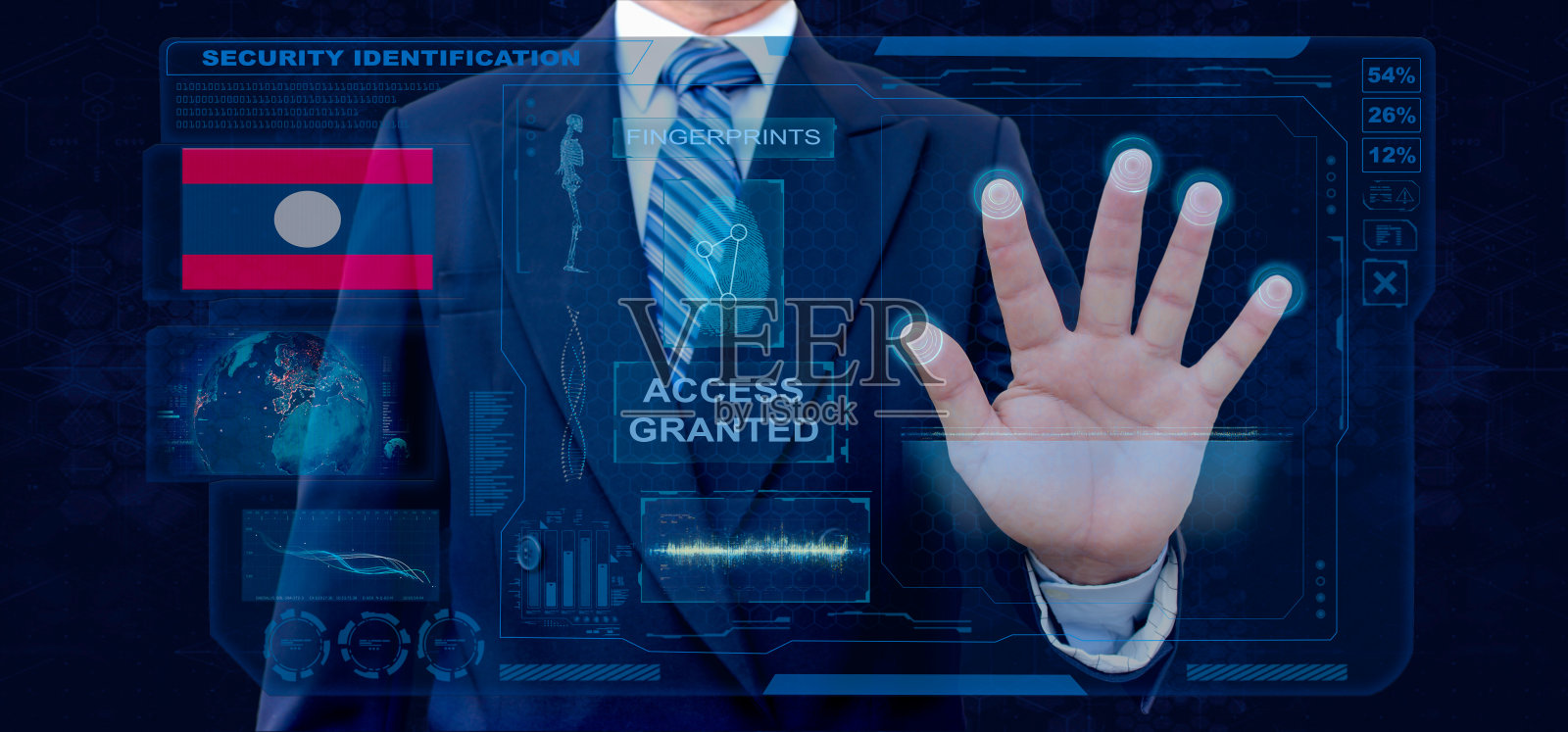 指纹生物扫描识别系统。商人扫描指纹生物识别身份并批准。老挝国籍照片摄影图片