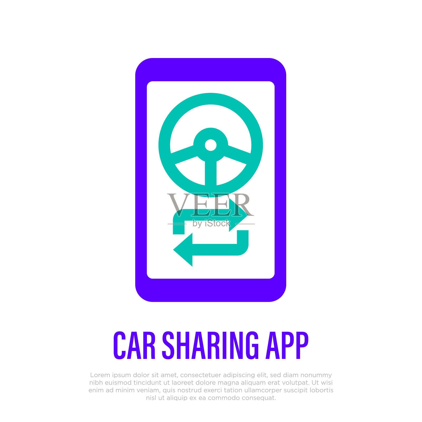 汽车共享应用程序细线图标。智能手机屏幕上有箭头的方向盘。矢量插图。插画图片素材