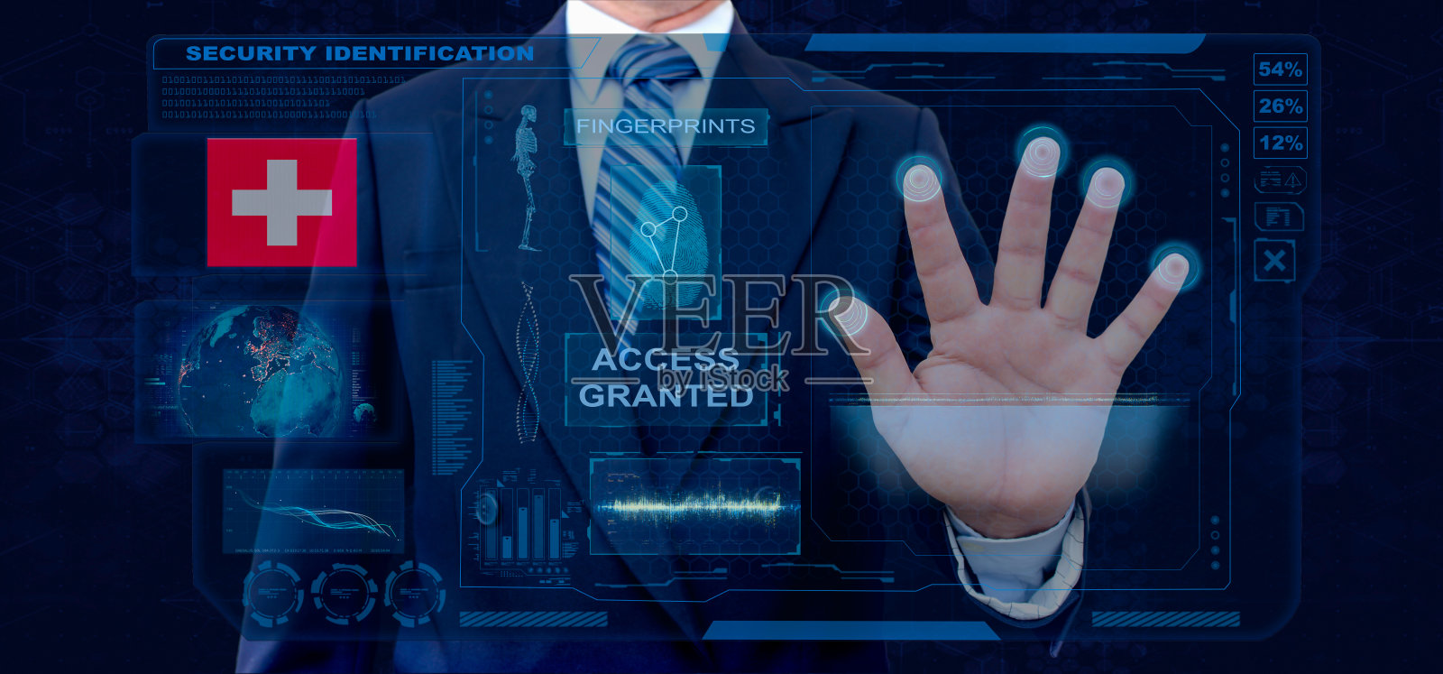 指纹生物扫描识别系统。商人扫描指纹生物识别身份并批准。瑞士国籍照片摄影图片