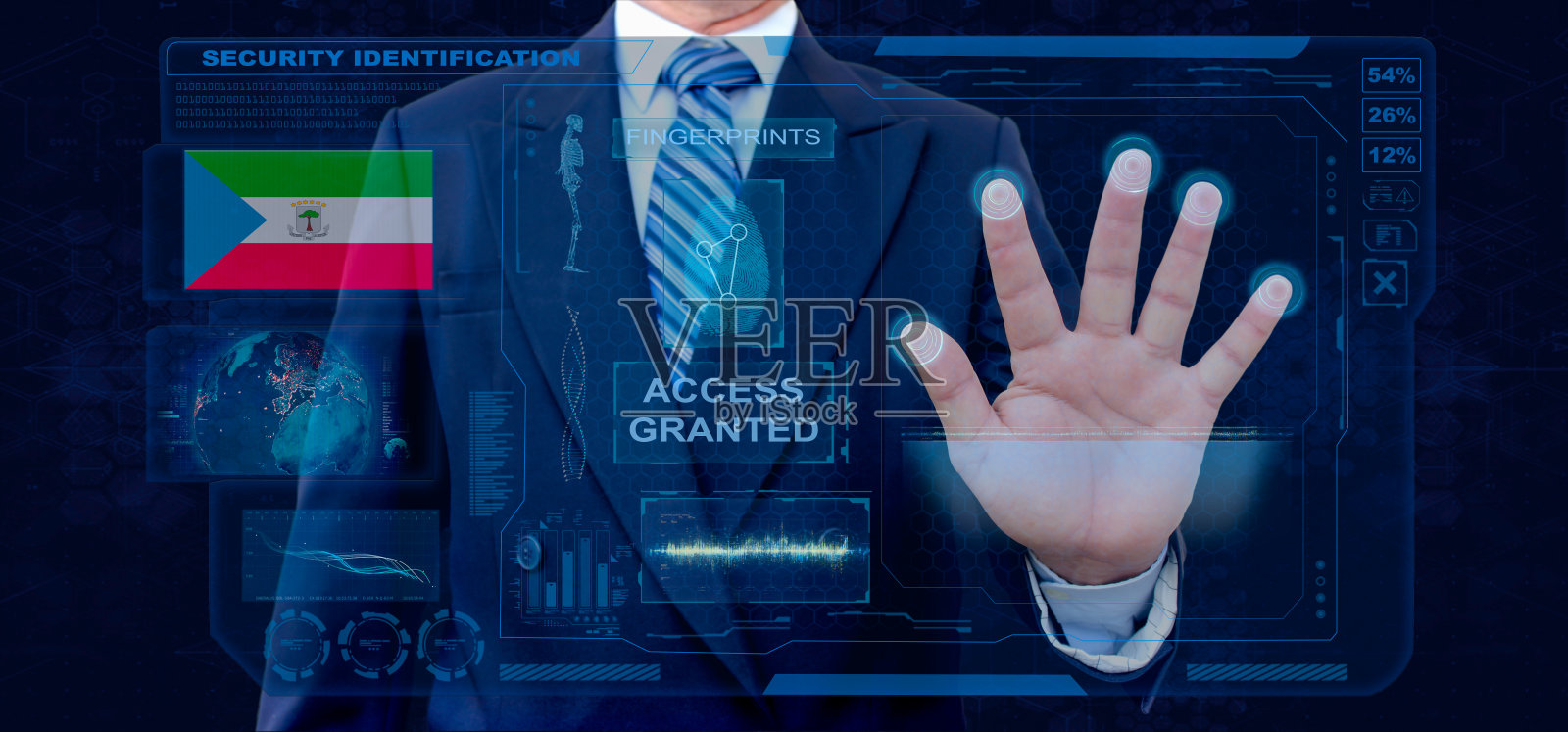 指纹生物扫描识别系统。商人扫描指纹生物识别身份并批准。赤道几内亚国籍照片摄影图片