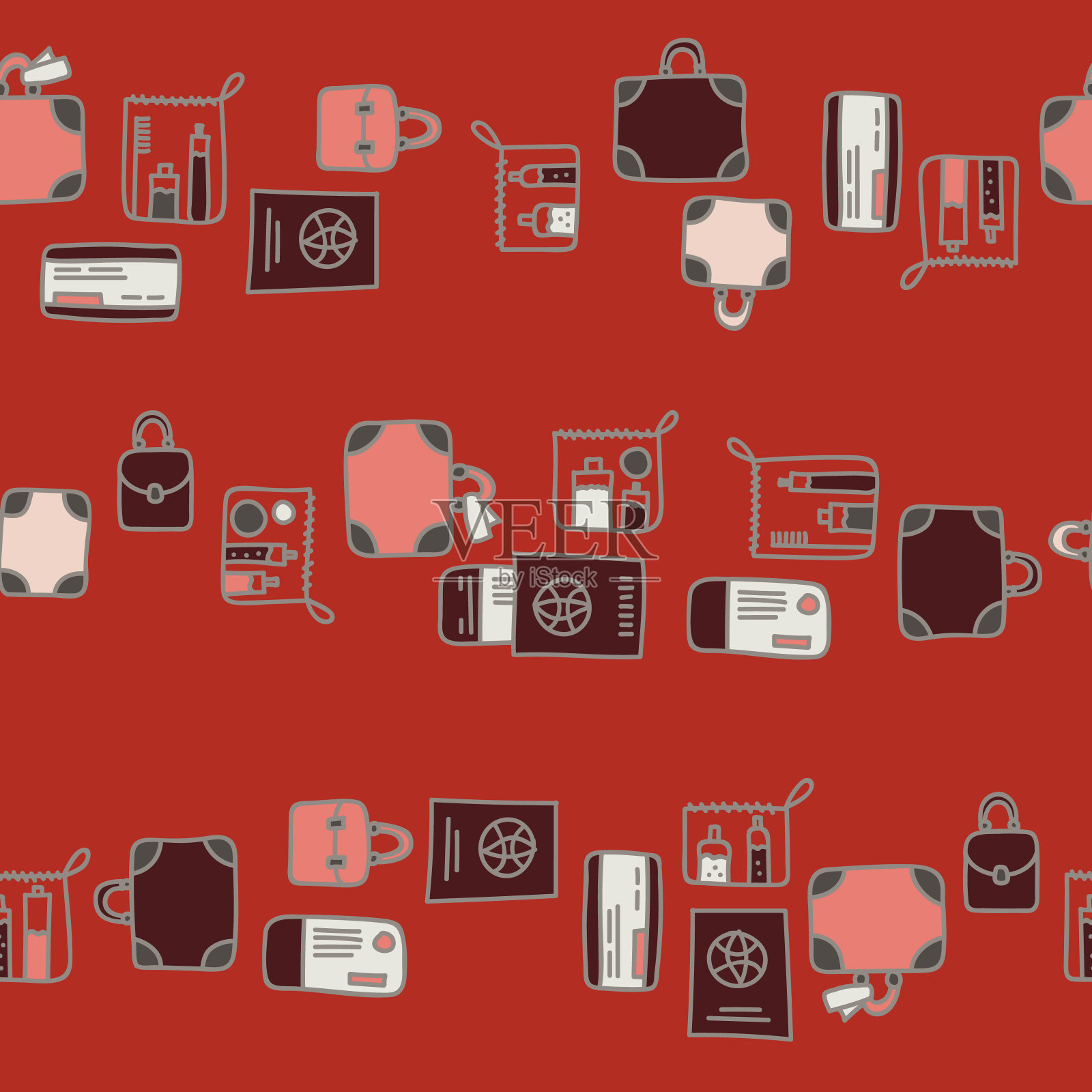 矢量无缝水平旅行模式在红色插画图片素材