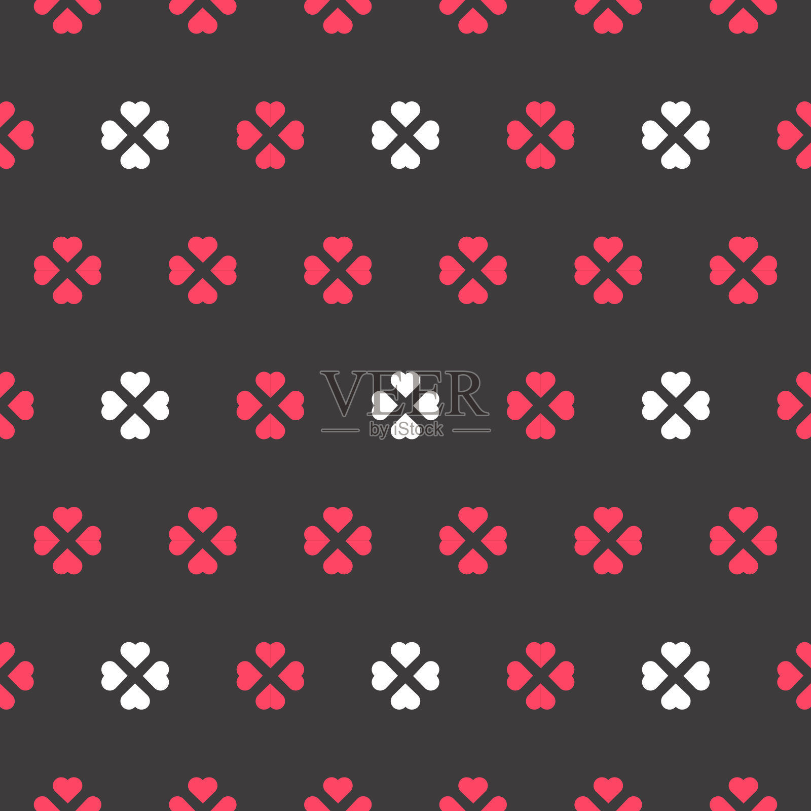 深粉色和白色心形无缝图案在黑色背景上插画图片素材