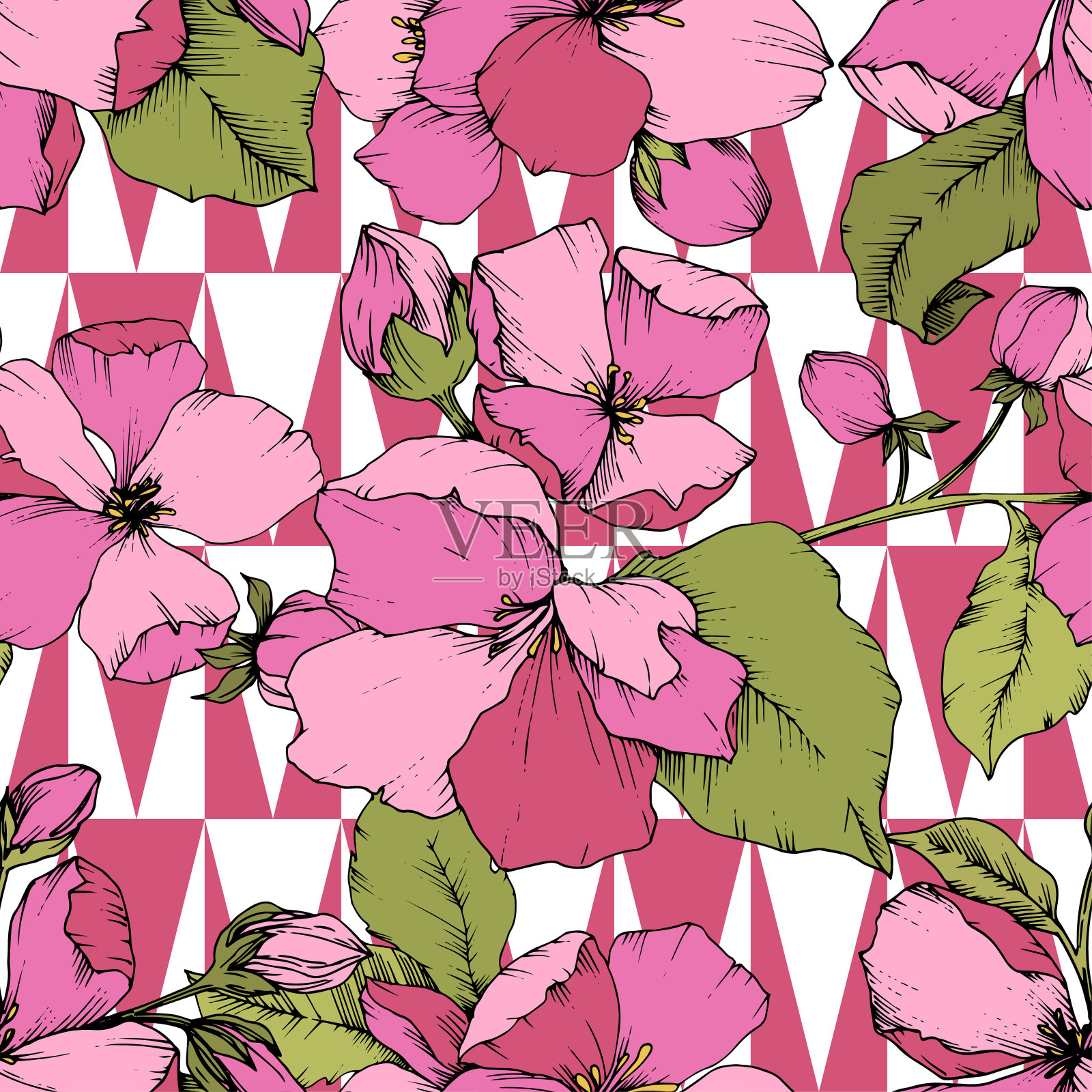 向量粉苹果花花植物花。艺术雕刻墨水。无缝的背景图案。插画图片素材