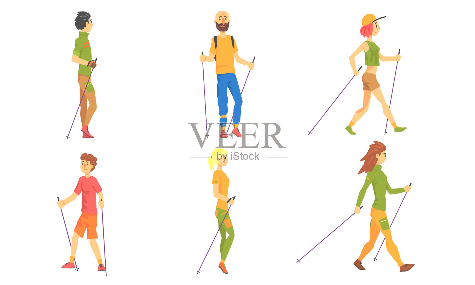 男人和女人练习北欧步行组，健康的生活方式，运动活动矢量插图插画图片素材