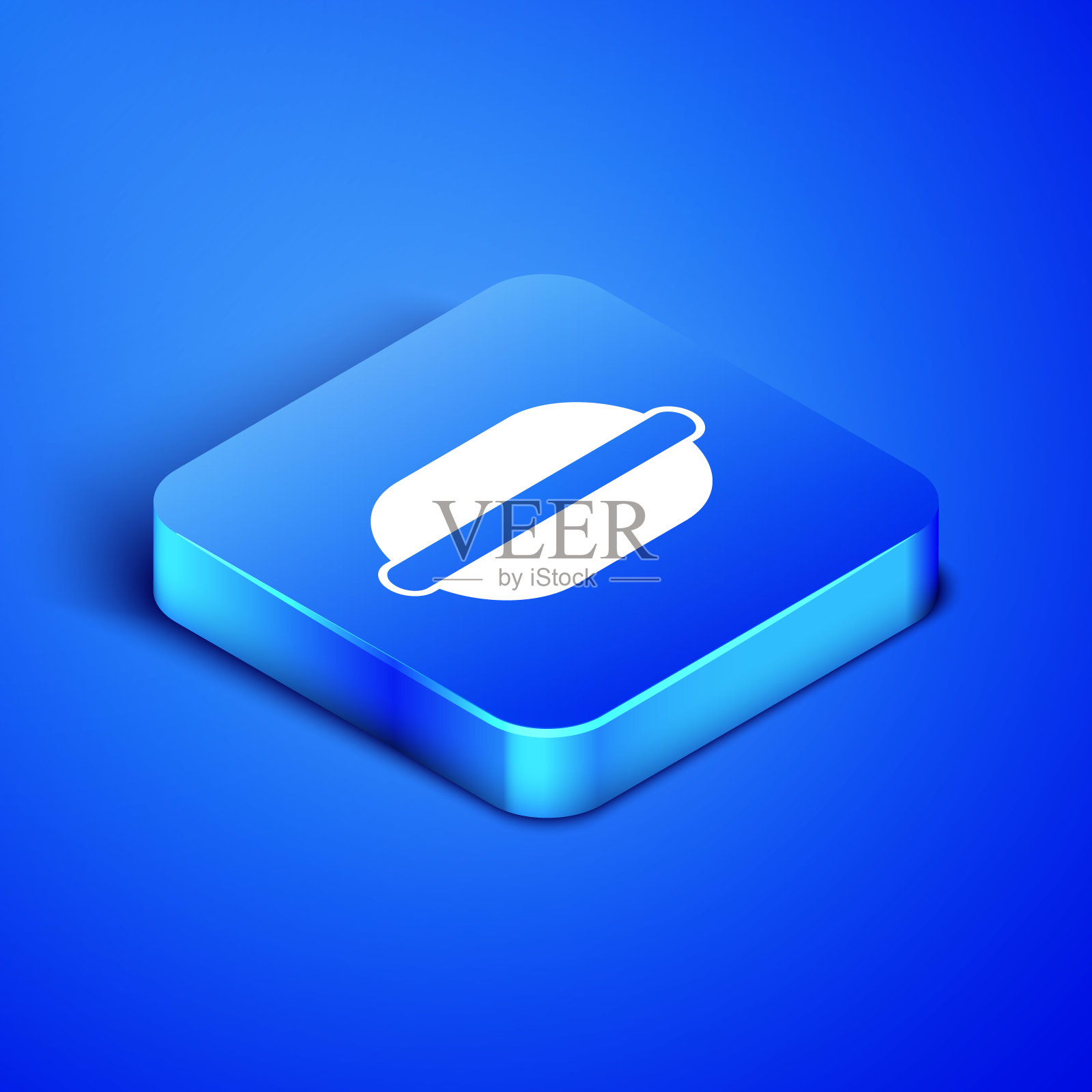 等距马卡龙饼干图标孤立在蓝色背景。蛋白杏仁饼干甜的面包店。蓝色方块按钮。矢量图图标素材