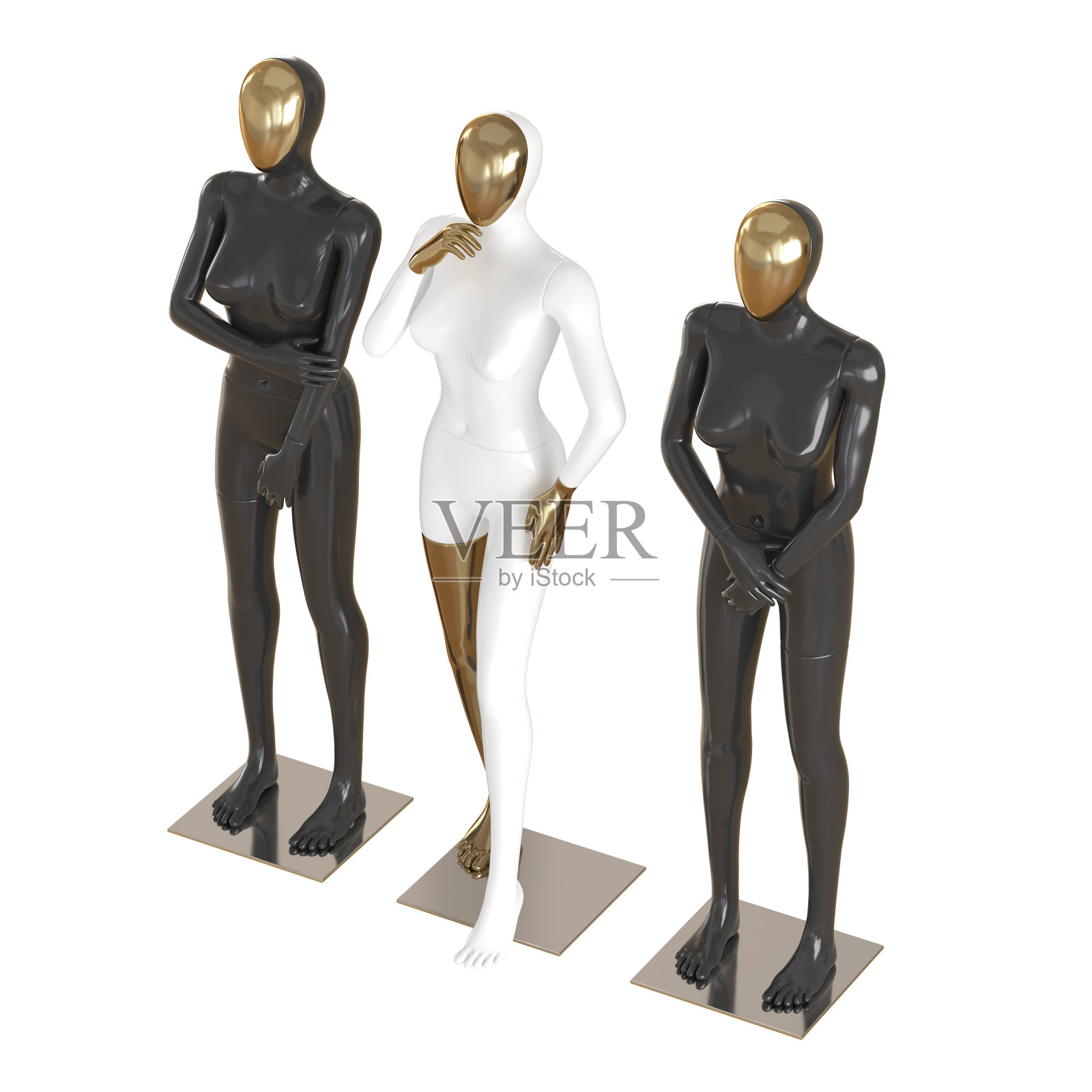 三个金色面孔的女性人体模型在一个孤立的背景。3d渲染照片摄影图片