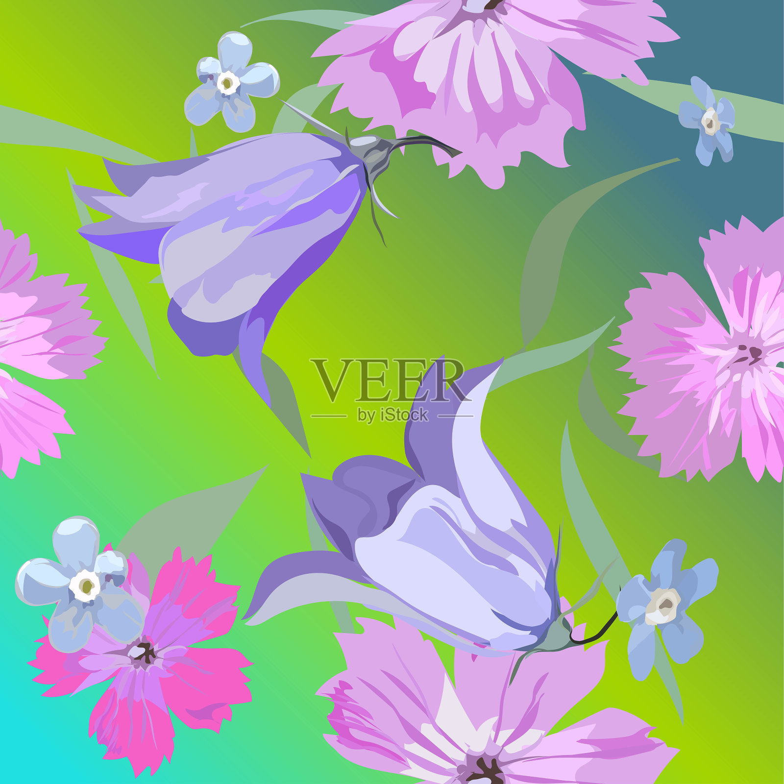 无缝图案，康乃馨，铃铛，勿忘我。野花。壁纸,打印。插画图片素材