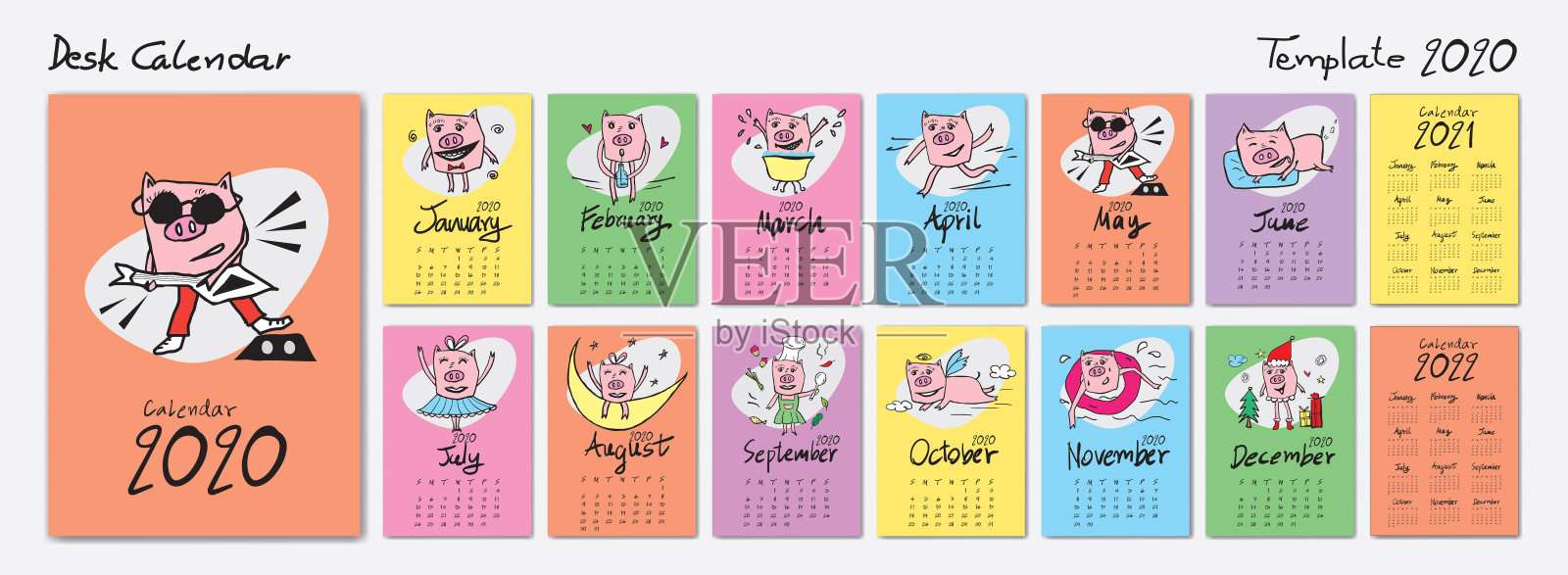 日历2020模板与可爱的猪卡通矢量插图，日历2021- 2022年，中国书桌日历，刻字日历，手绘猪，一套12个月，星期开始周日，封面设计设计模板素材