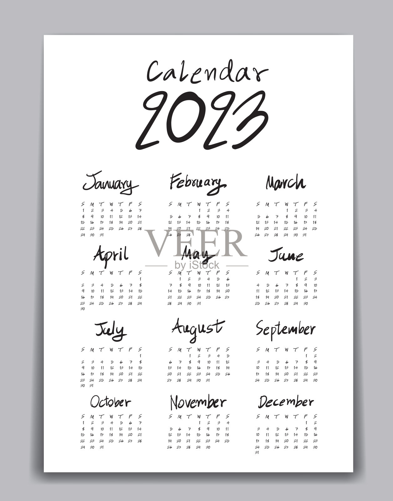 日历2022年模板，刻字日历，手绘刻字日历矢量插图，一套12个月，星期开始周日，文具，传单，海报设计，广告插画图片素材