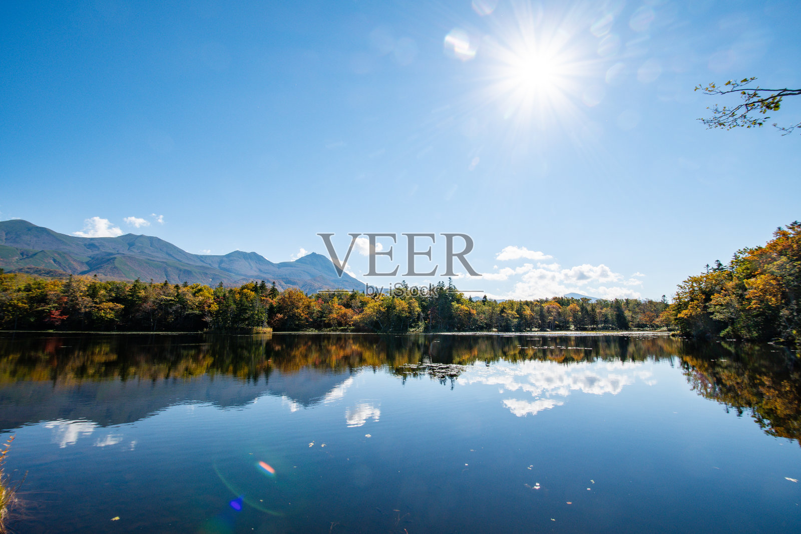 知子五湖(知子五湖)[第三湖]和知子山的秋叶，知子，北海道，日本照片摄影图片