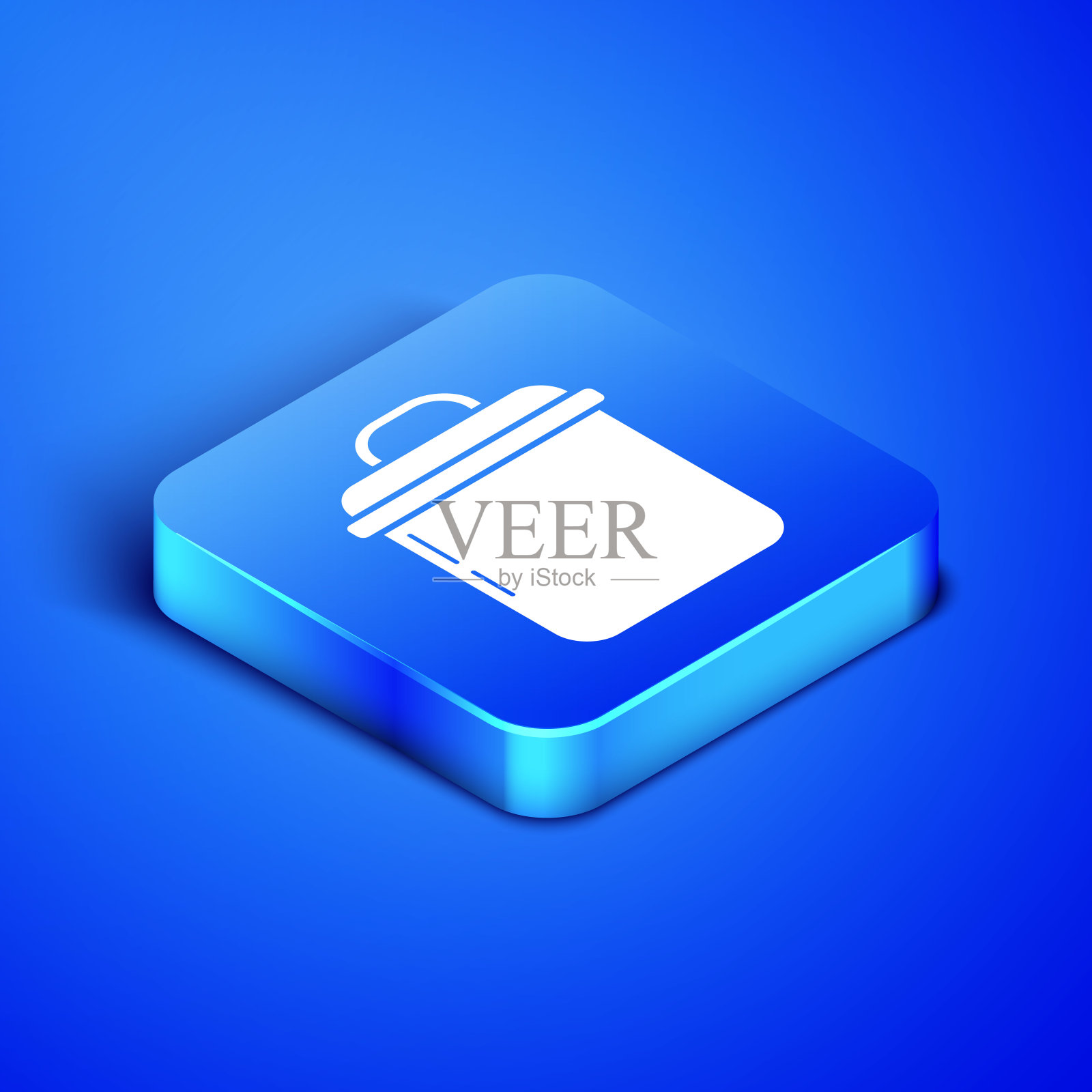 等距烹饪锅图标孤立在蓝色背景。煮或炖食物的象征。蓝色方块按钮。矢量图图标素材