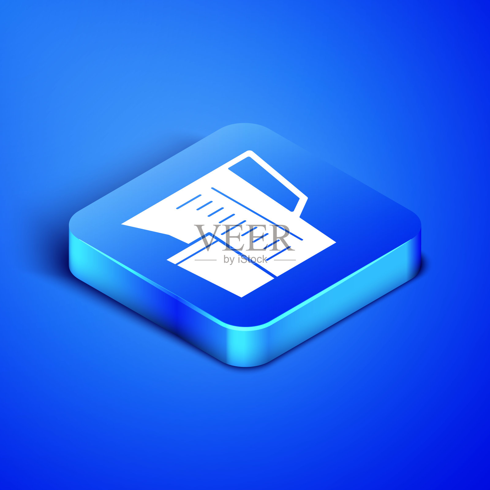 等距测量杯测量干和液体食品图标孤立在蓝色背景。带柄的塑料刻度烧杯。蓝色方块按钮。矢量图图标素材