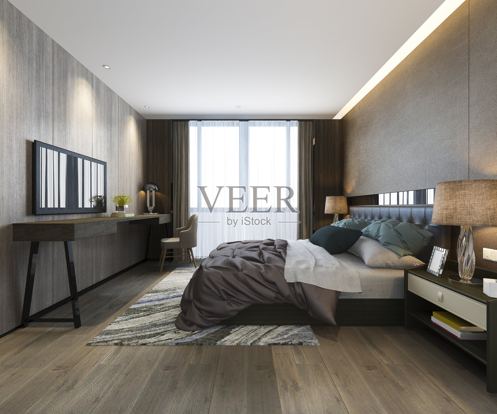 3d渲染美丽的豪华卧室套房在酒店配有电视和工作台照片摄影图片