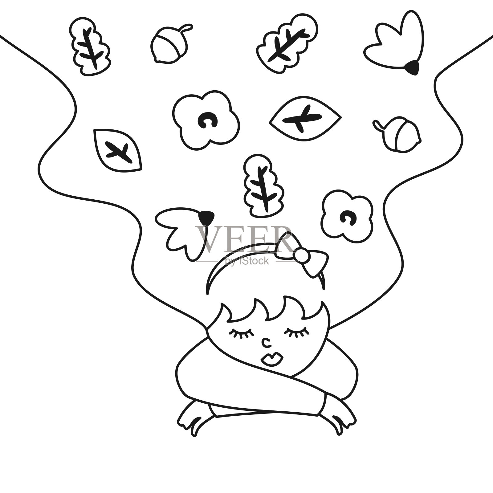 可爱的手绘女孩与秋天的秋天生活设计元素概念黑白矢量插图着色艺术插画图片素材