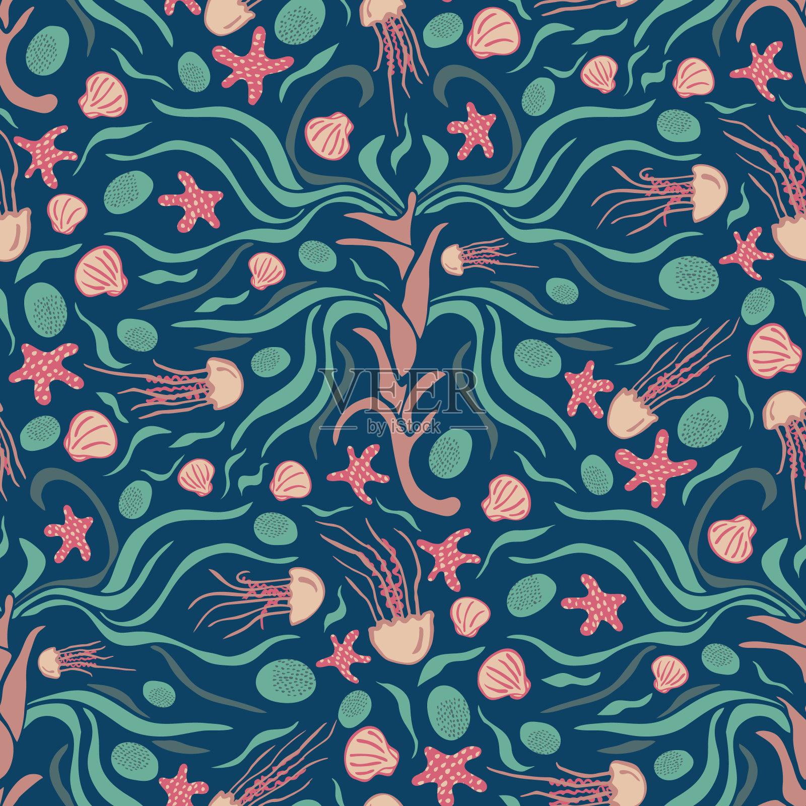 水下花卉无缝矢量图案与波西藤海草、海星和海蜇。表面图案设计的织物，墙纸，剪贴簿项目，背景。插画图片素材