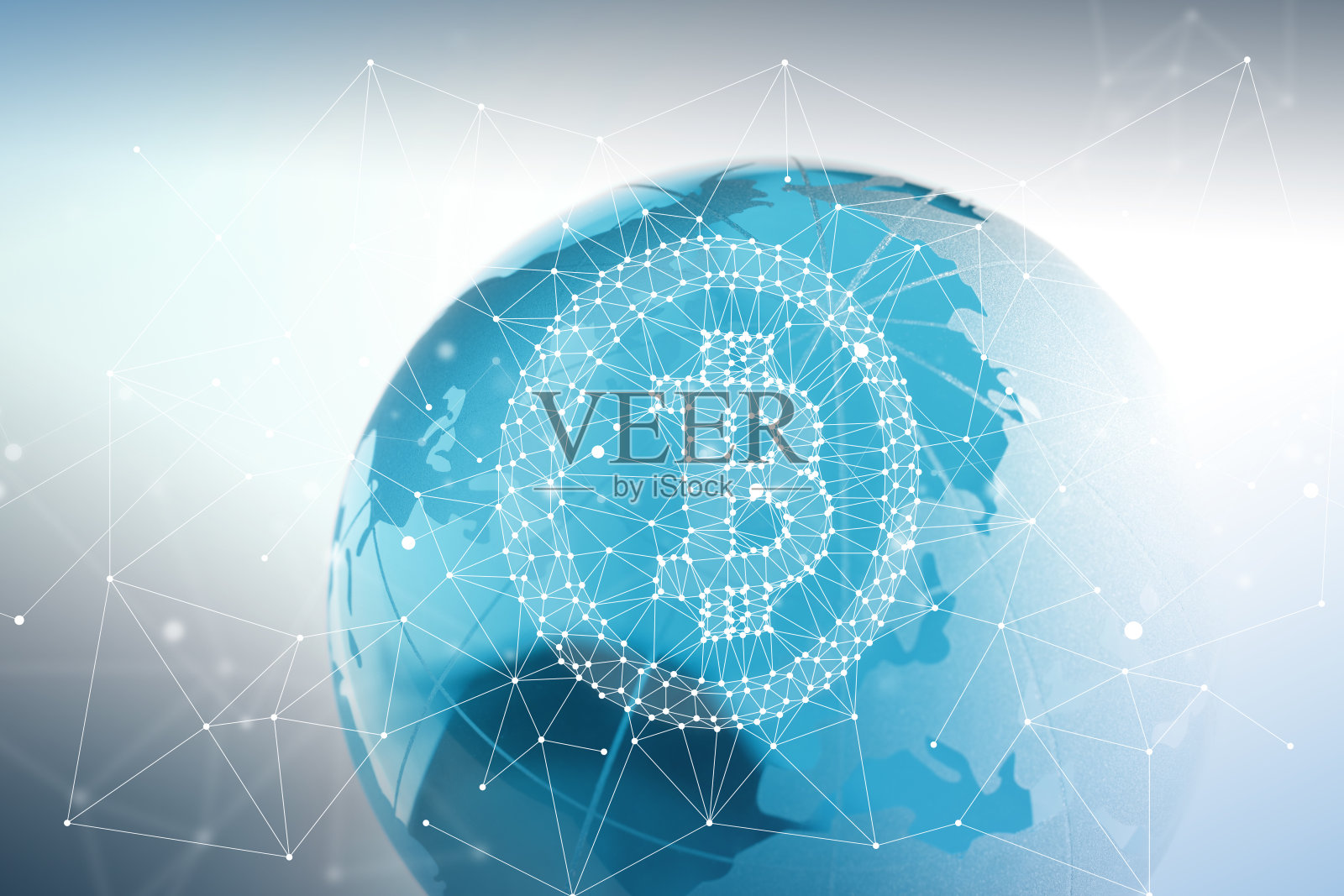 带有比特币符号和区块链网络图形的玻璃球照片摄影图片