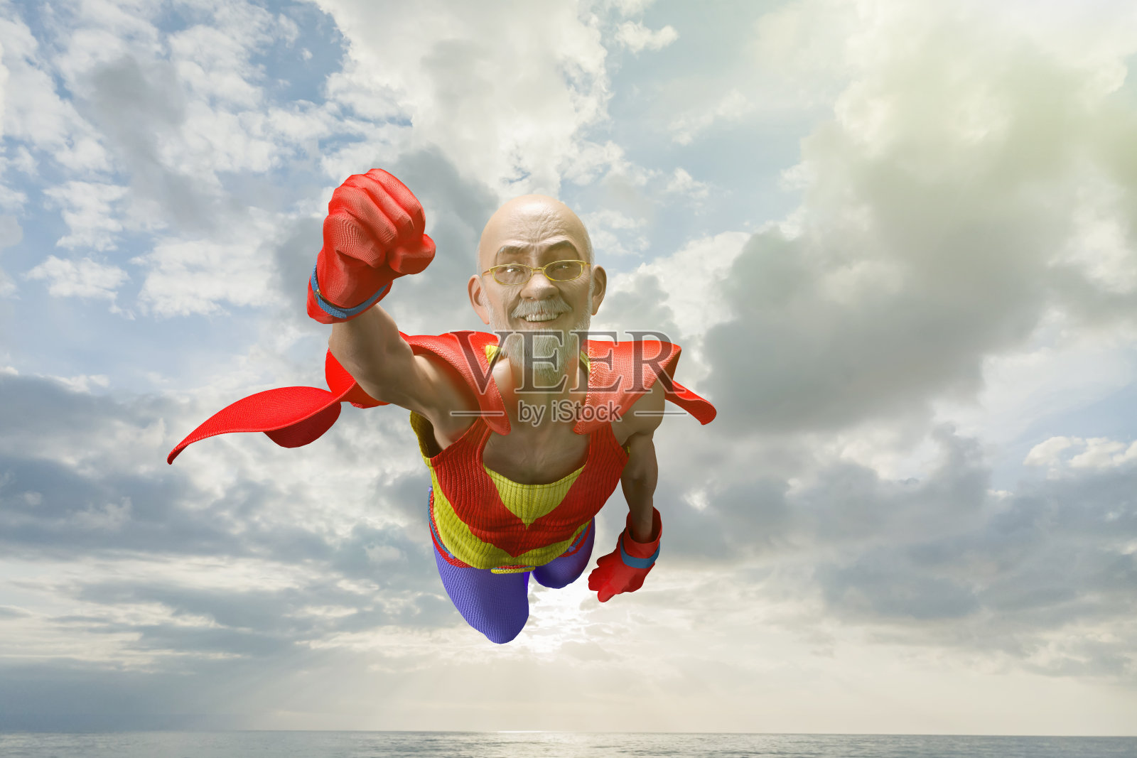 复古漫画风格超级英雄老人在卡通风格中展示力量的3D渲染照片摄影图片