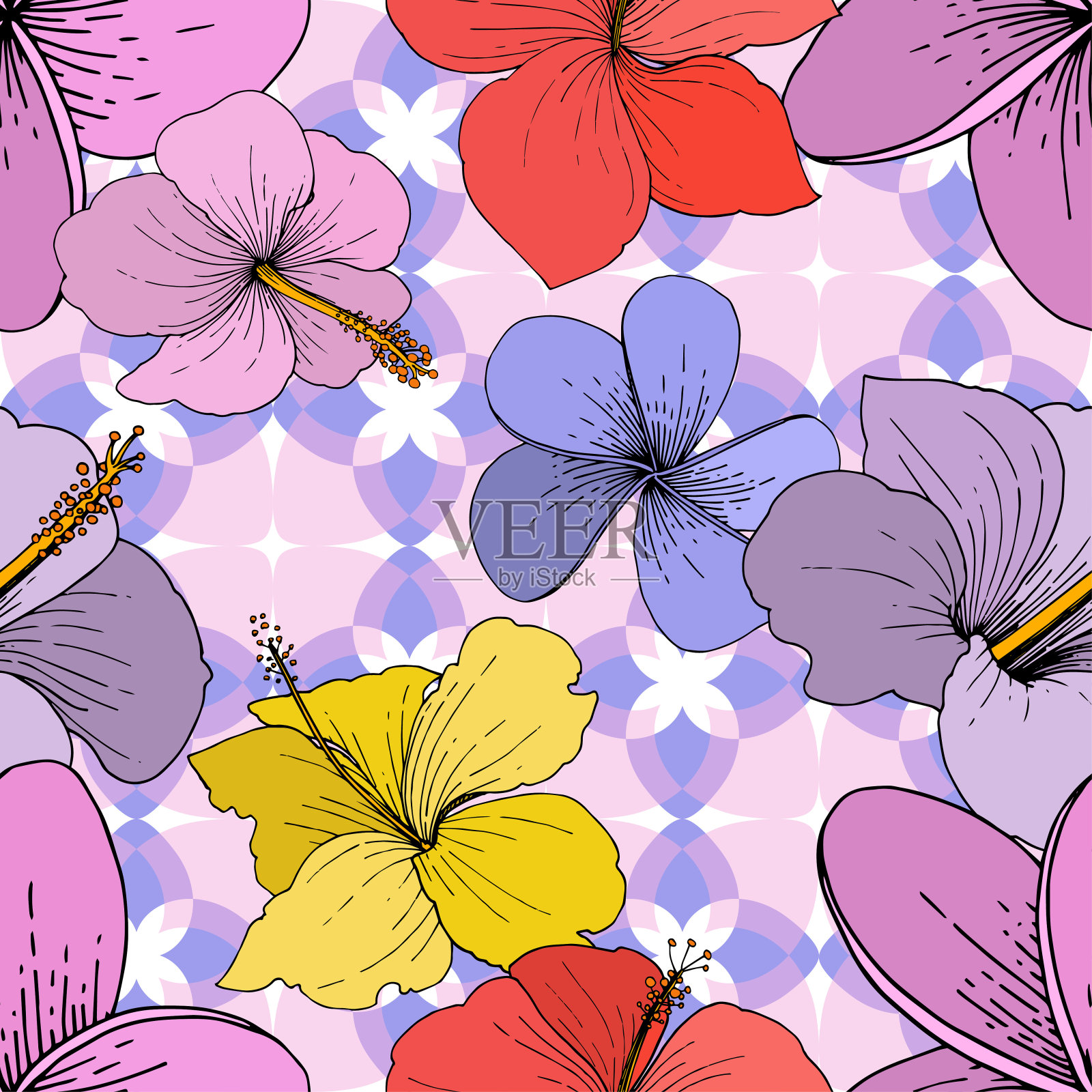 载体芙蓉花热带花卉。在白色背景上雕刻的水墨艺术。无缝的背景图案。插画图片素材